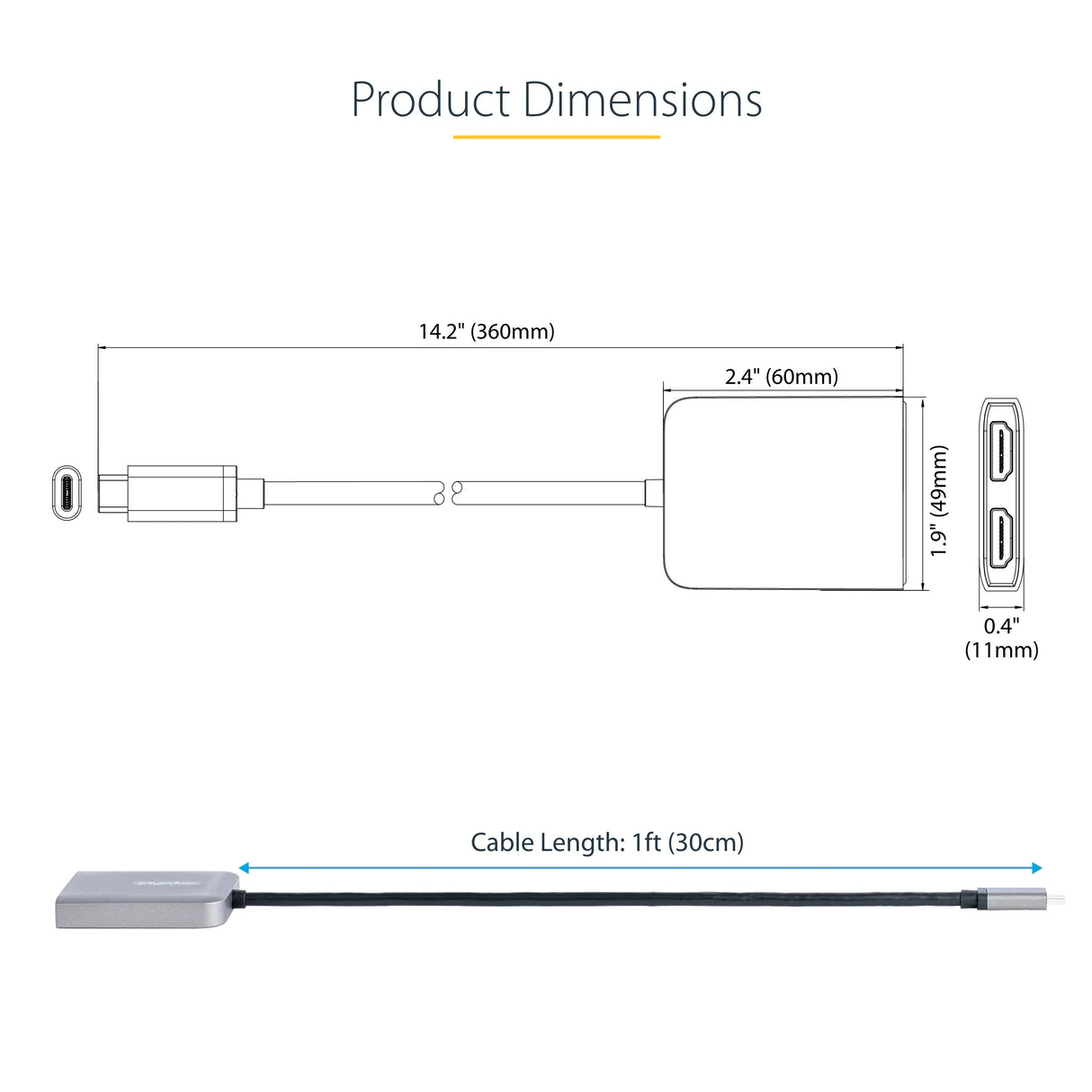 STARTECH USB-C to Dual HDMI MST HUB - Dual HDMI 4K 60Hz - USB Type C Multi Monitor Adapter for Laptop w| 1ft|30cm cable - DP 1.4 Multi-Stream Transport Hub - USB-C to HDMI Splitter (MST14CD122HD) (MST14CD122HD)