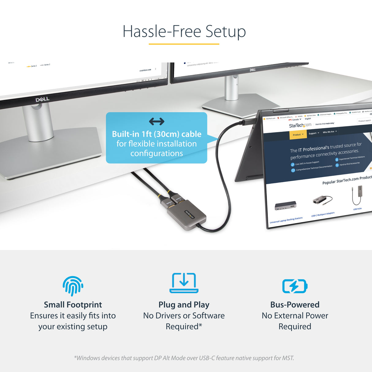 STARTECH USB-C to Dual HDMI MST HUB - Dual HDMI 4K 60Hz - USB Type C Multi Monitor Adapter for Laptop w| 1ft|30cm cable - DP 1.4 Multi-Stream Transport Hub - USB-C to HDMI Splitter (MST14CD122HD) (MST14CD122HD)