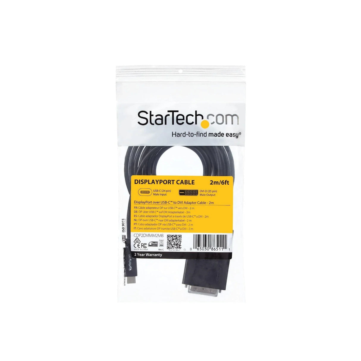 STARTECH USB-C to DVI Cable - 6 ft | 2m - 1080p - 1920x1200 - USB-C DVI Monitor Cable - USB C Cable - Computer Monitor Cable (CDP2DVIMM2MB)