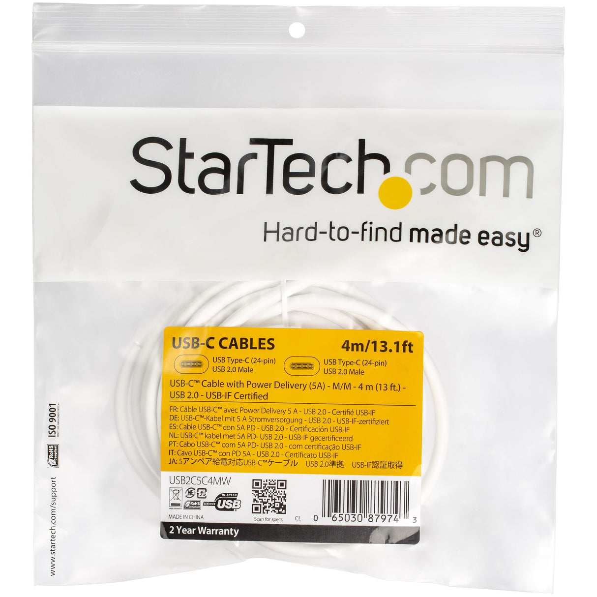 STARTECH USB C to USB C Cable - 13 ft | 4m - 5A PD - M|M - White - USB 2.0 - USB-IF Certified - USB Type C Cable - USB C Charging Cable (USB2C5C4MW)