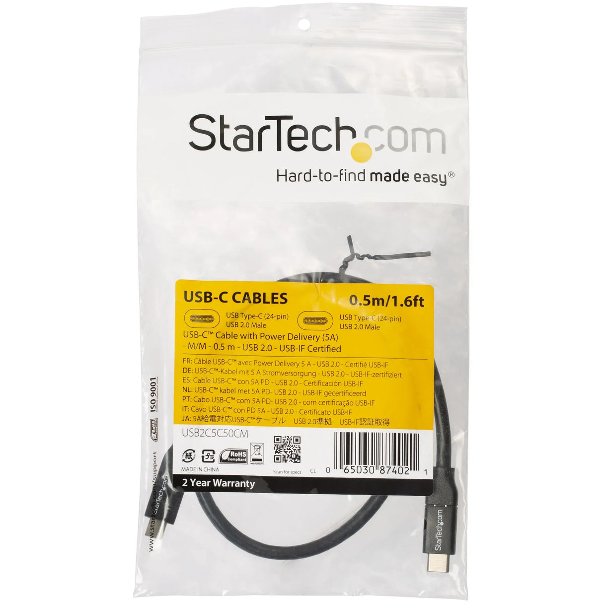 STARTECH USB-C to USB-C Cable w| 5A PD - M|M - 0.5 m - USB 2.0 - USB-IF Certified (USB2C5C50CM)