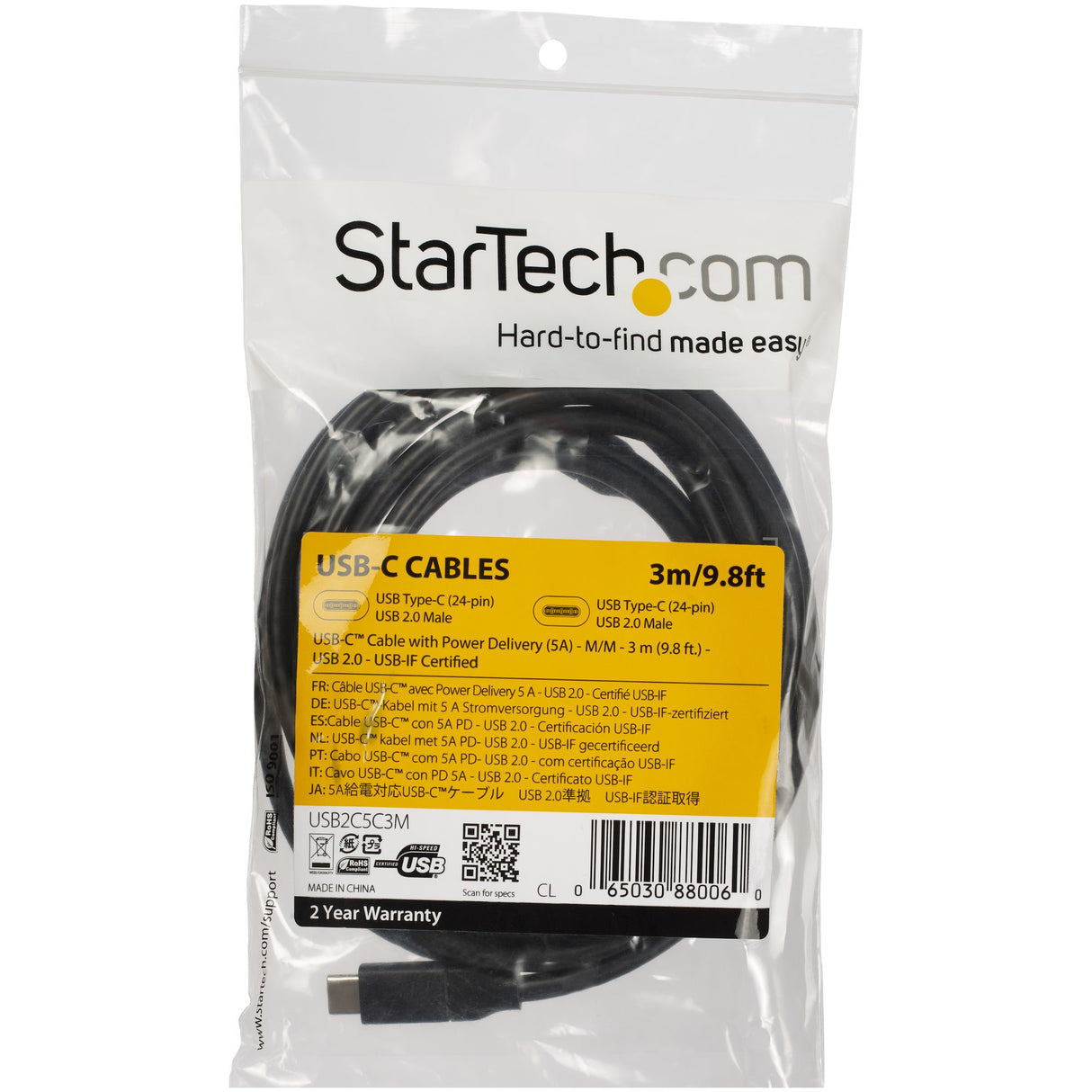 STARTECH USB-C to USB-C Cable w| 5A PD - M|M - 3 m (10 ft.) - USB 2.0 - USB-IF Certified (USB2C5C3M)
