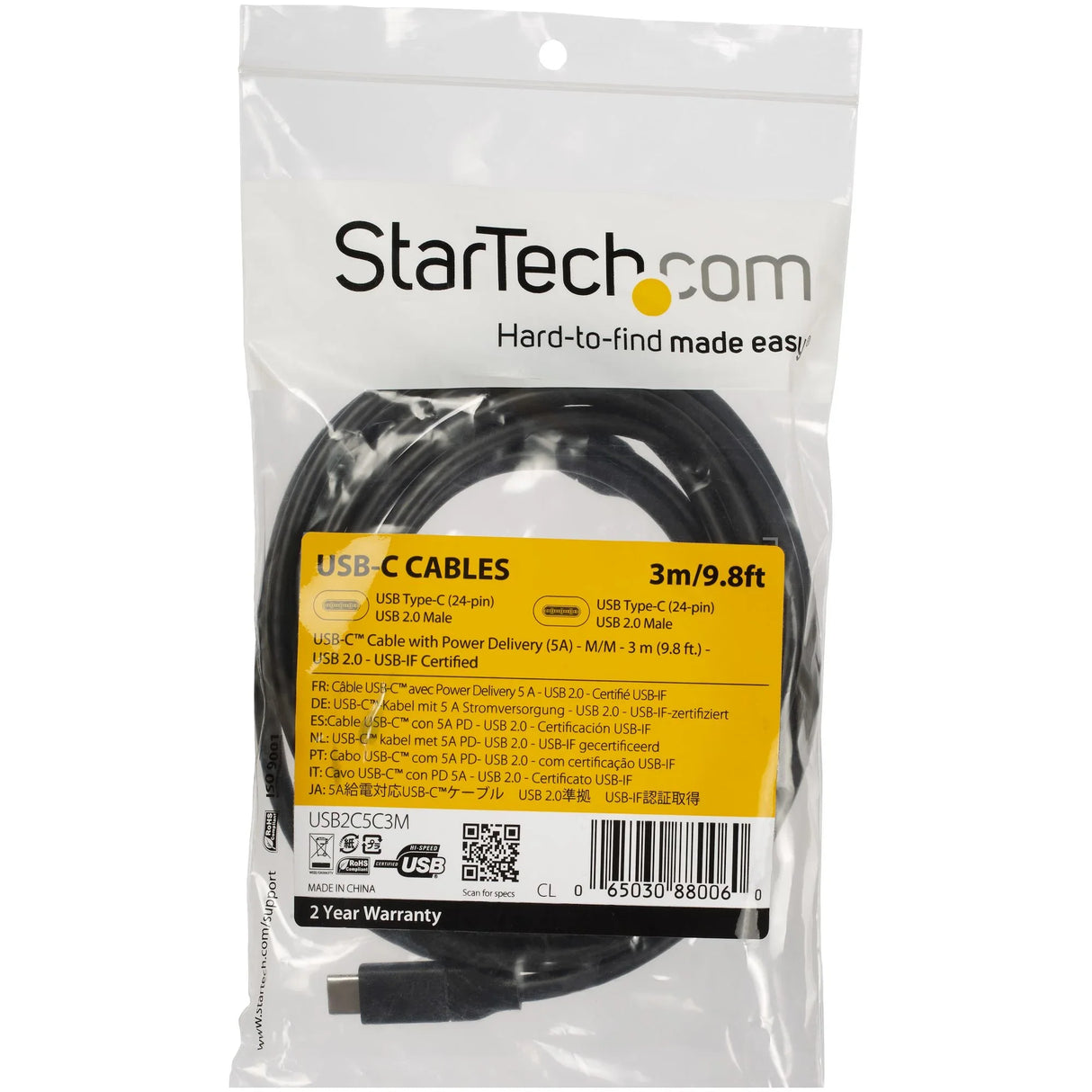 STARTECH USB-C to USB-C Cable w| 5A PD - M|M - 3 m (10 ft.) - USB 2.0 - USB-IF Certified (USB2C5C3M)
