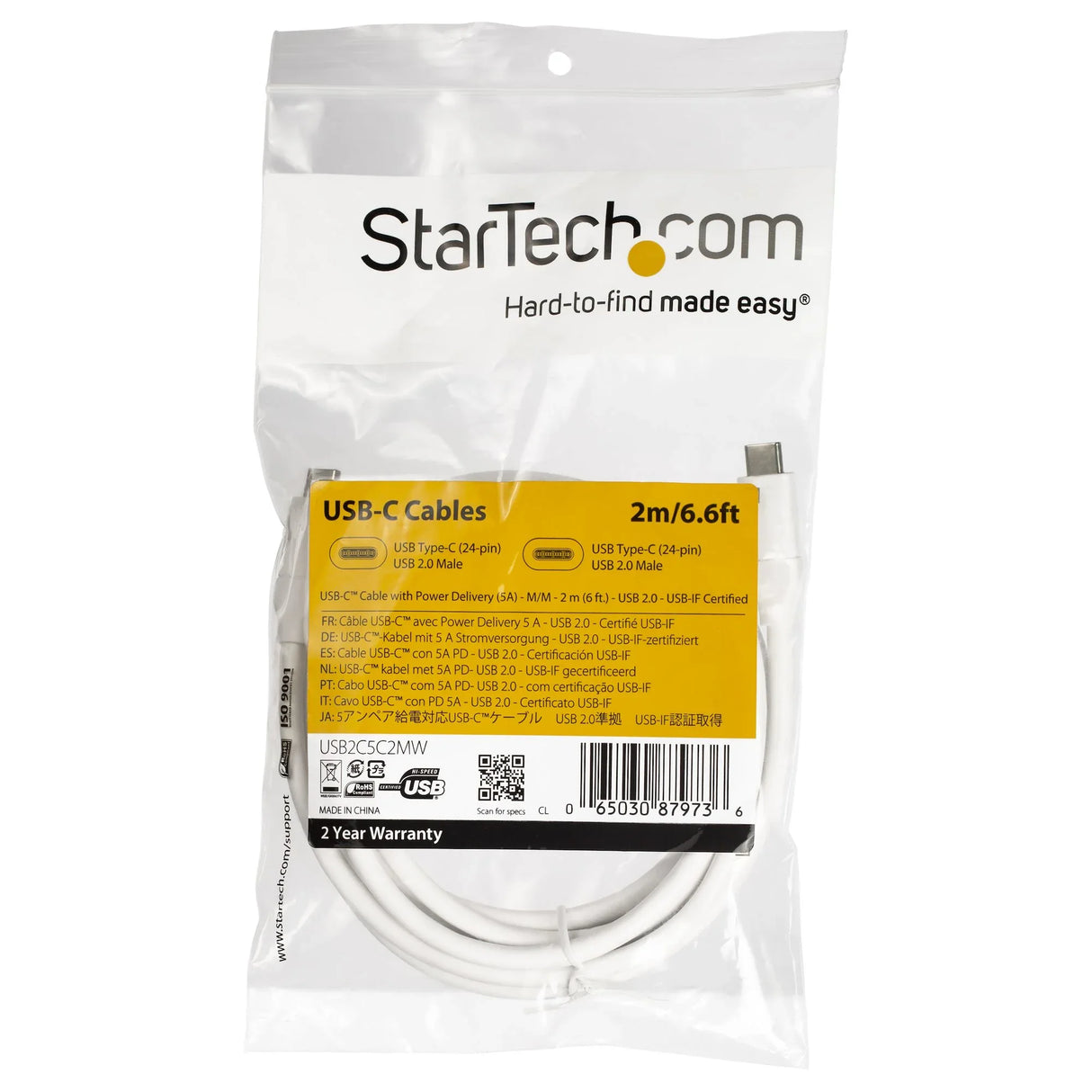 STARTECH USB-C to USB-C Cable w| 5A PD - M|M - White - 2 m (6 ft.) - USB 2.0 - USB-IF Certified (USB2C5C2MW)