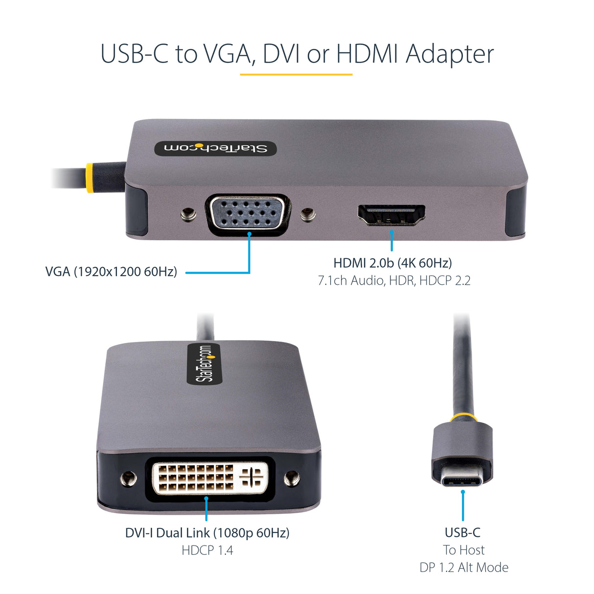 STARTECH USB C Video Adapter | USB C to HDMI DVI VGA Adapter | Up to 4K 60Hz | Aluminum | Multiport Video Display Adapter | Thunderbolt 3|4 Compatible | USB Type C Travel Adapter (118-USBC-HDMI-VGADVI) (118-USBC-HDMI-VGADVI)