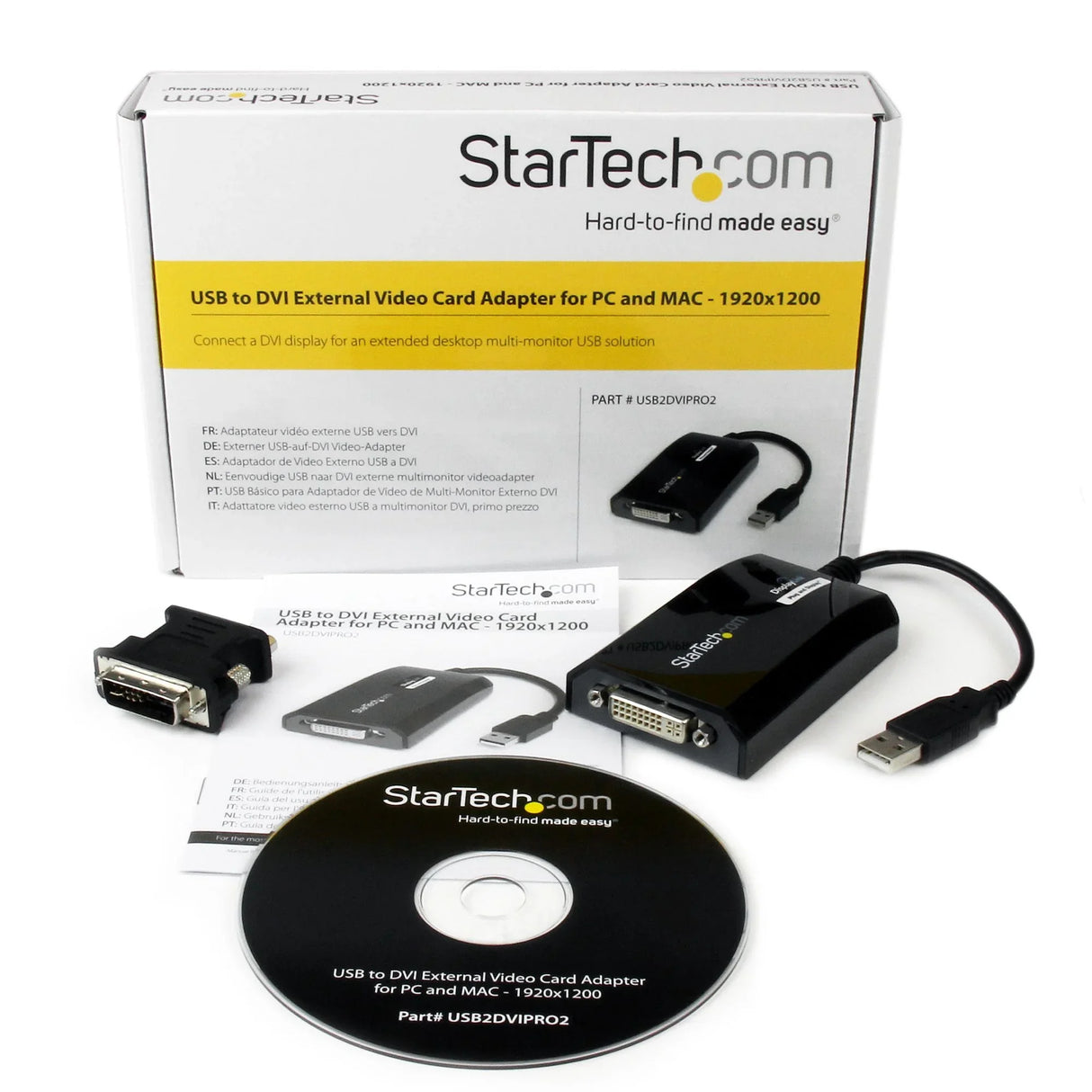 STARTECH USB to DVI Adapter - 1920x1200 - External Video & Graphics Card - Dual Monitor Display Adapter Cable - Supports Mac & Windows (USB2DVIPRO2) (USB2DVIPRO2)