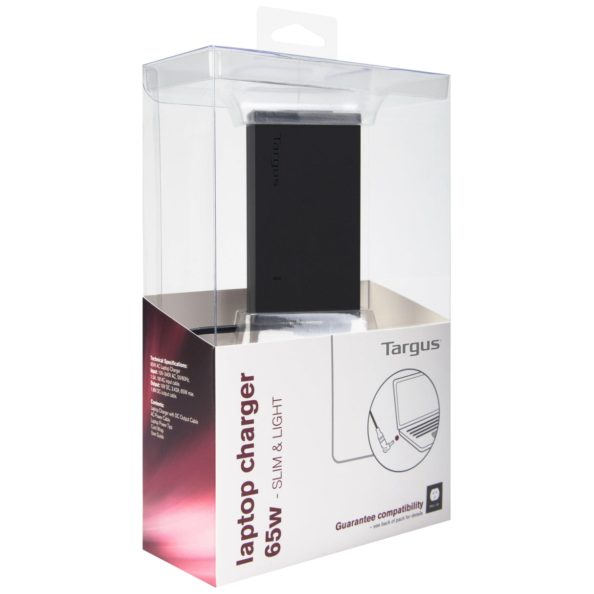 TARGUS 65W | Input 100 - 240V|50-60Hz | Output 19V DC | 150 x 50 x 110mm | 0.6kg | Black (APA047AU)