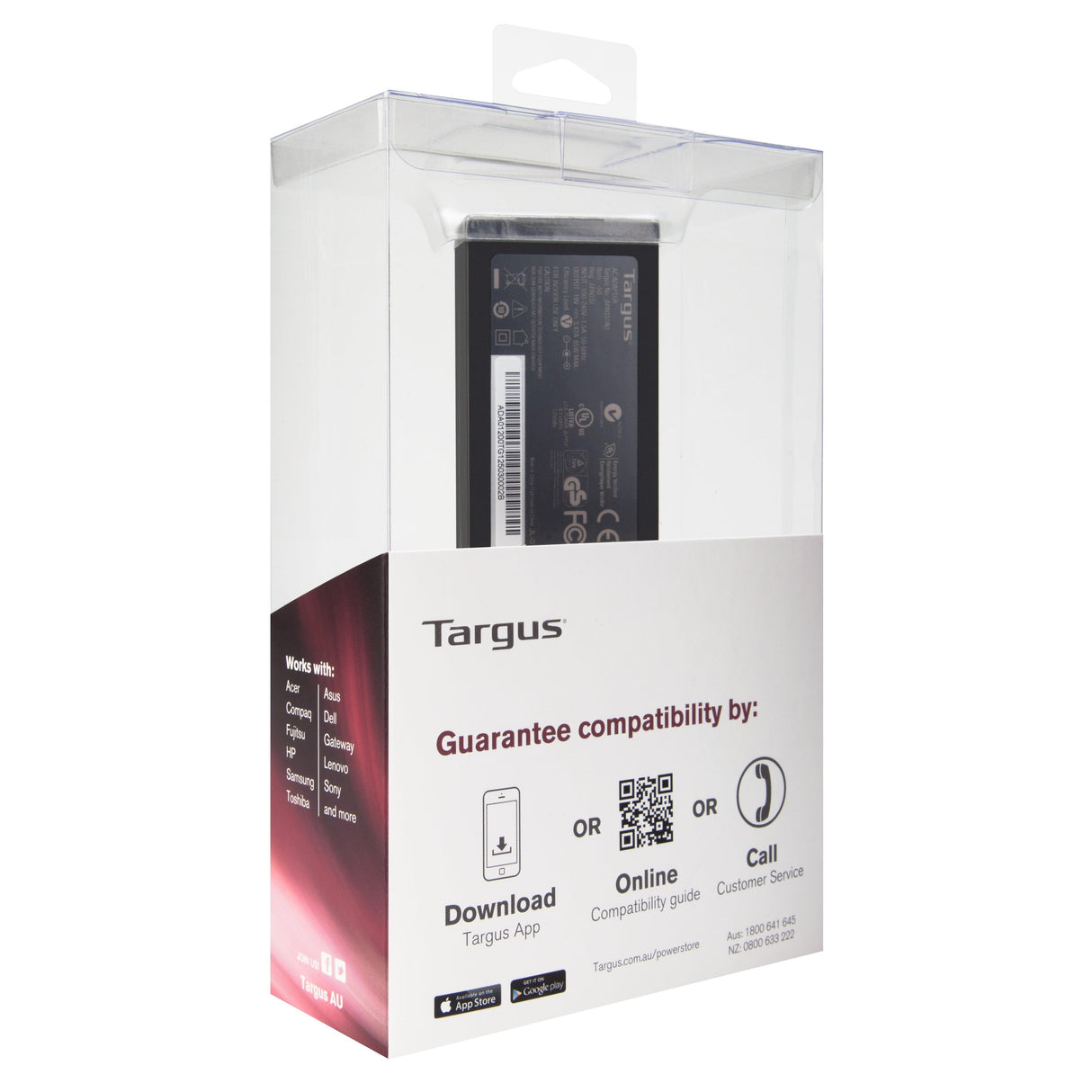 TARGUS 65W | Input 100 - 240V|50-60Hz | Output 19V DC | 150 x 50 x 110mm | 0.6kg | Black (APA047AU)