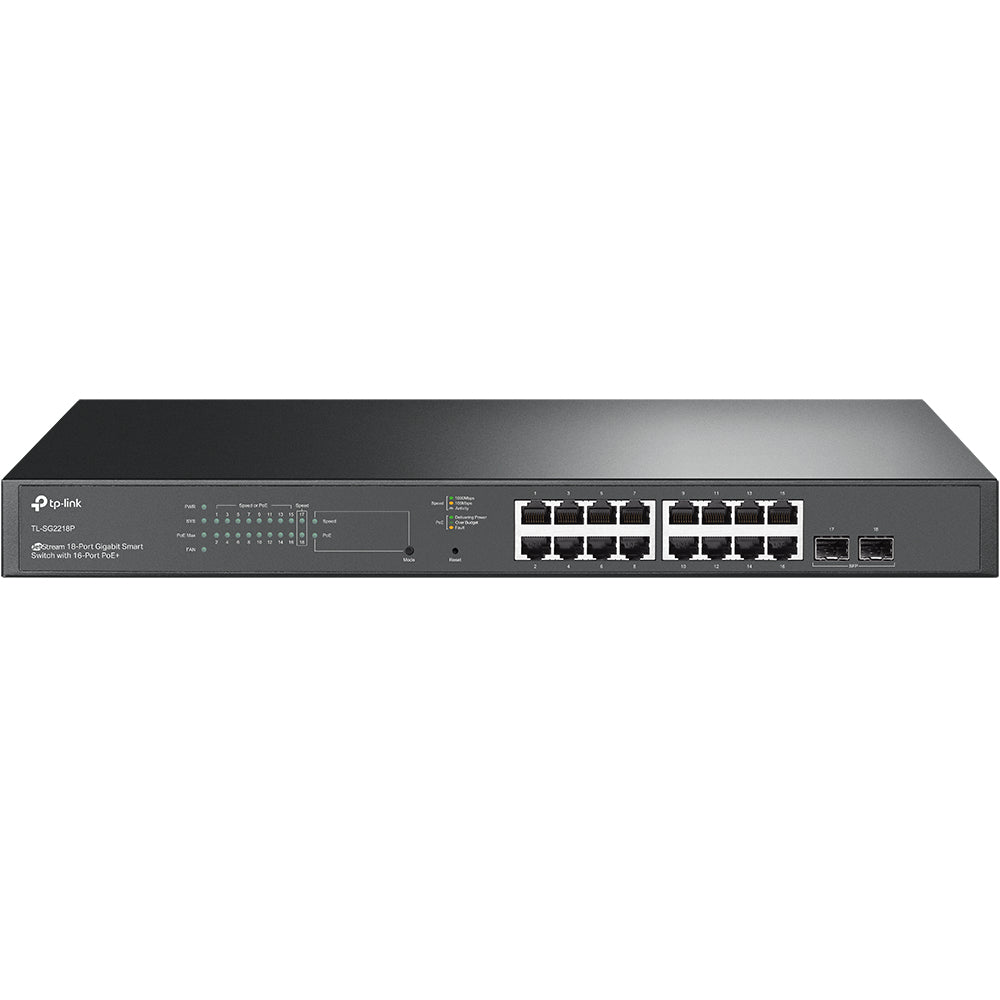 TP-LINK 16x 10|100|1000 Mbps RJ45 | PoE 150 W | 36 Gbps | 26.78 Mpps | 8K MAC | 9 KB Jumbo | 440 × 180 × 44 mm (TL-SG2218P)
