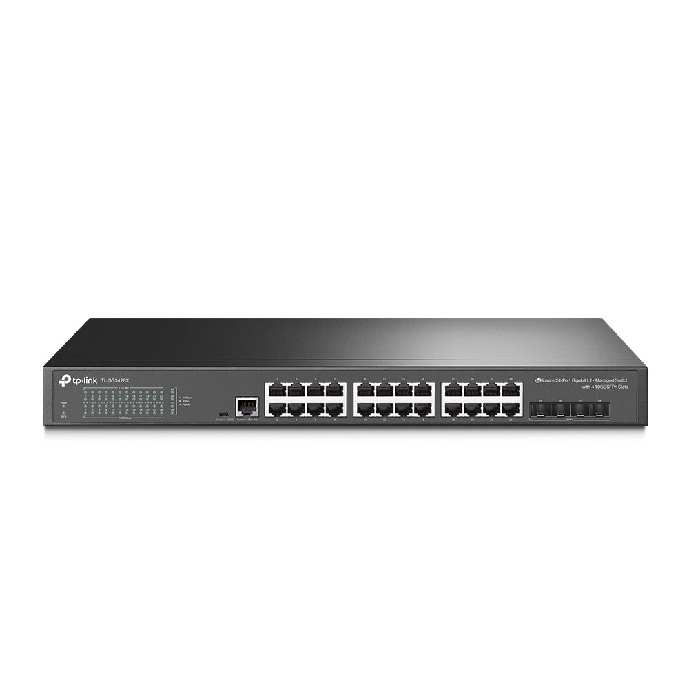 TP-LINK 24× 10|100|1000 Mbps RJ45 | 4× 10G SFP+ | 1× RJ45 Console Port | 1× Micro-USB | 128 Gbps | 95.23 Mpps | 16 K MAC | Jumbo Frame 9 KB | 440 × 180 × 44 mm (TL-SG3428X)