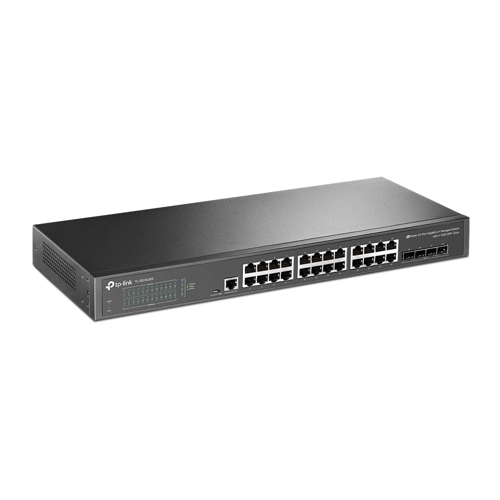 TP-LINK 24× 10|100|1000 Mbps RJ45 | 4× 10G SFP+ | 1× RJ45 Console Port | 1× Micro-USB | 128 Gbps | 95.23 Mpps | 16 K MAC | Jumbo Frame 9 KB | 440 × 180 × 44 mm (TL-SG3428X)