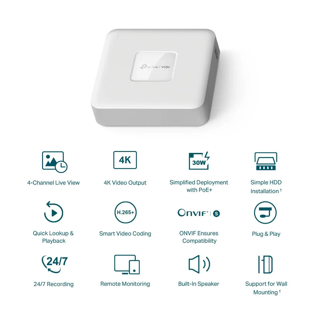 TP-LINK 4CH | PoE | RJ-45 10|100 Mbps | 2x USB 2.0 | 200.3 x 200.3 x 43 mm (VIGI NVR1104H-4P)