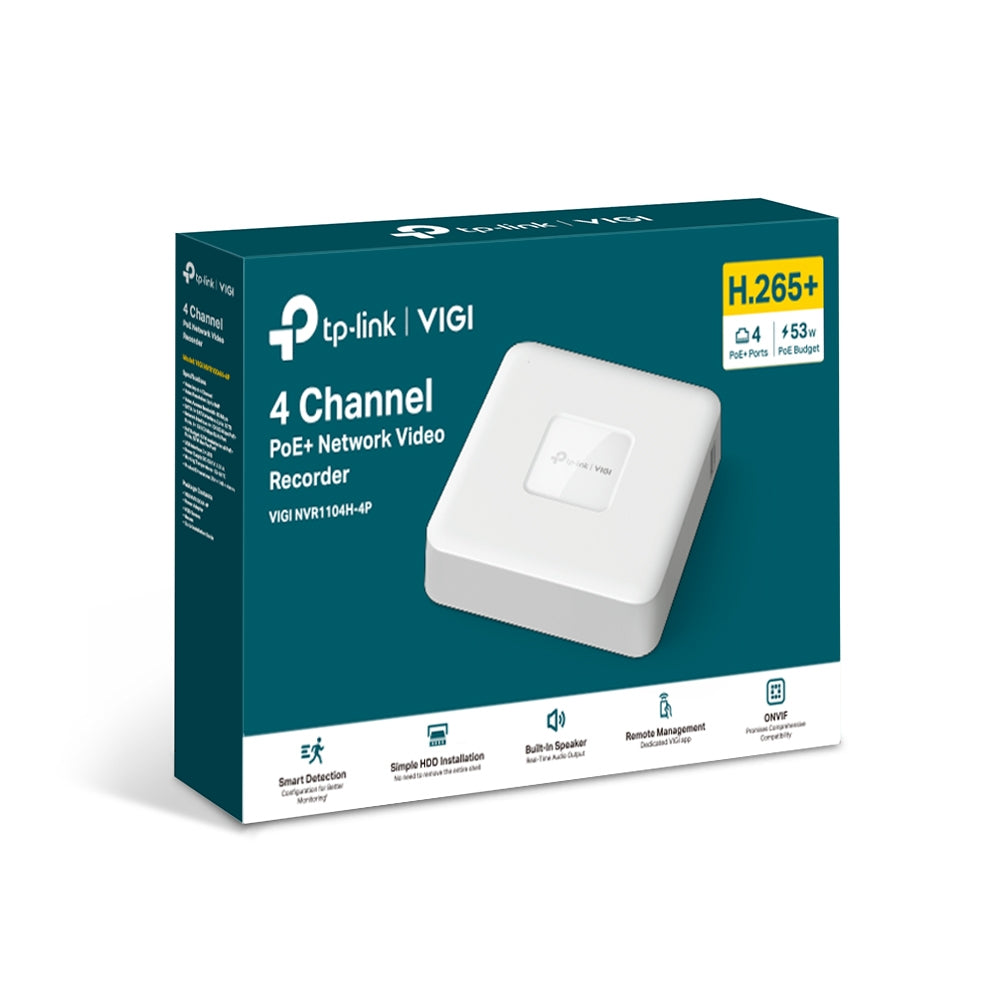 TP-LINK 4CH | PoE | RJ-45 10|100 Mbps | 2x USB 2.0 | 200.3 x 200.3 x 43 mm (VIGI NVR1104H-4P)