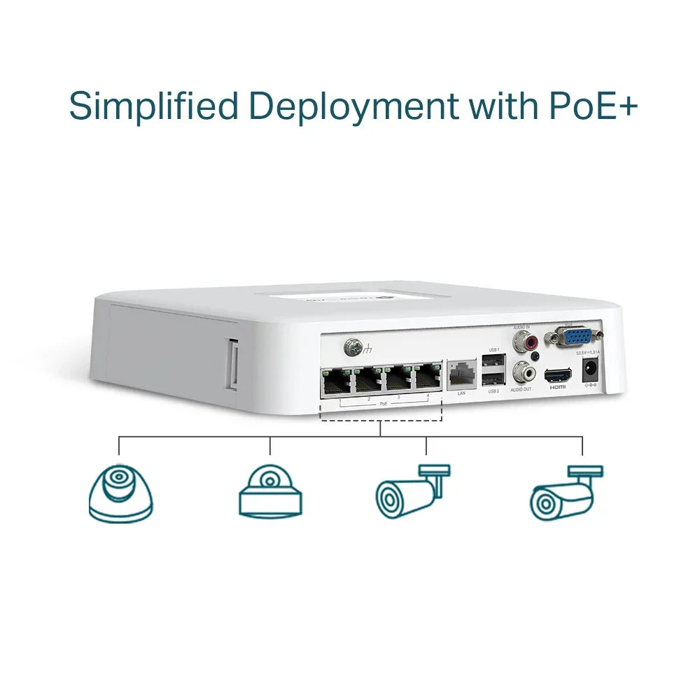 TP-LINK 4CH | PoE | RJ-45 10|100 Mbps | 2x USB 2.0 | 200.3 x 200.3 x 43 mm (VIGI NVR1104H-4P)
