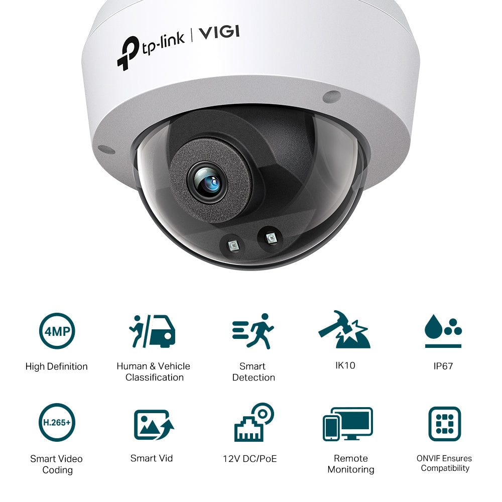 TP-LINK 4MP (2560 × 1440) | 1|3” Progressive Scan CMOS | 4 mm | F2.2 | IR Cut Filter | IP67 | IK10 (VIGI C240I(4MM))