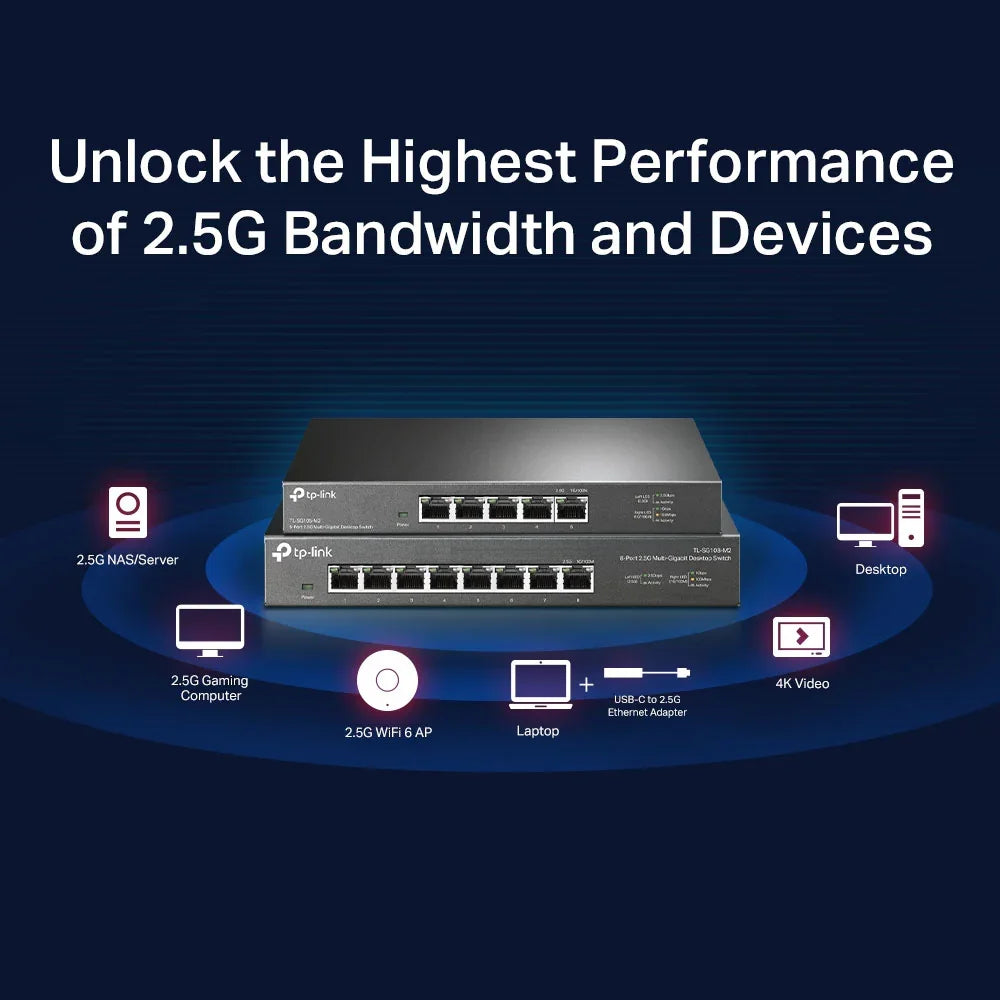 TP-LINK 5× 100Mbps|1Gbps|2.5Gbp | 25 Gbps | 18.6 Mpps | 16 K MAC | 1.5 Mb Buffer | 10 KB Jumbo | 209×126×26 (TL-SG105-M2)