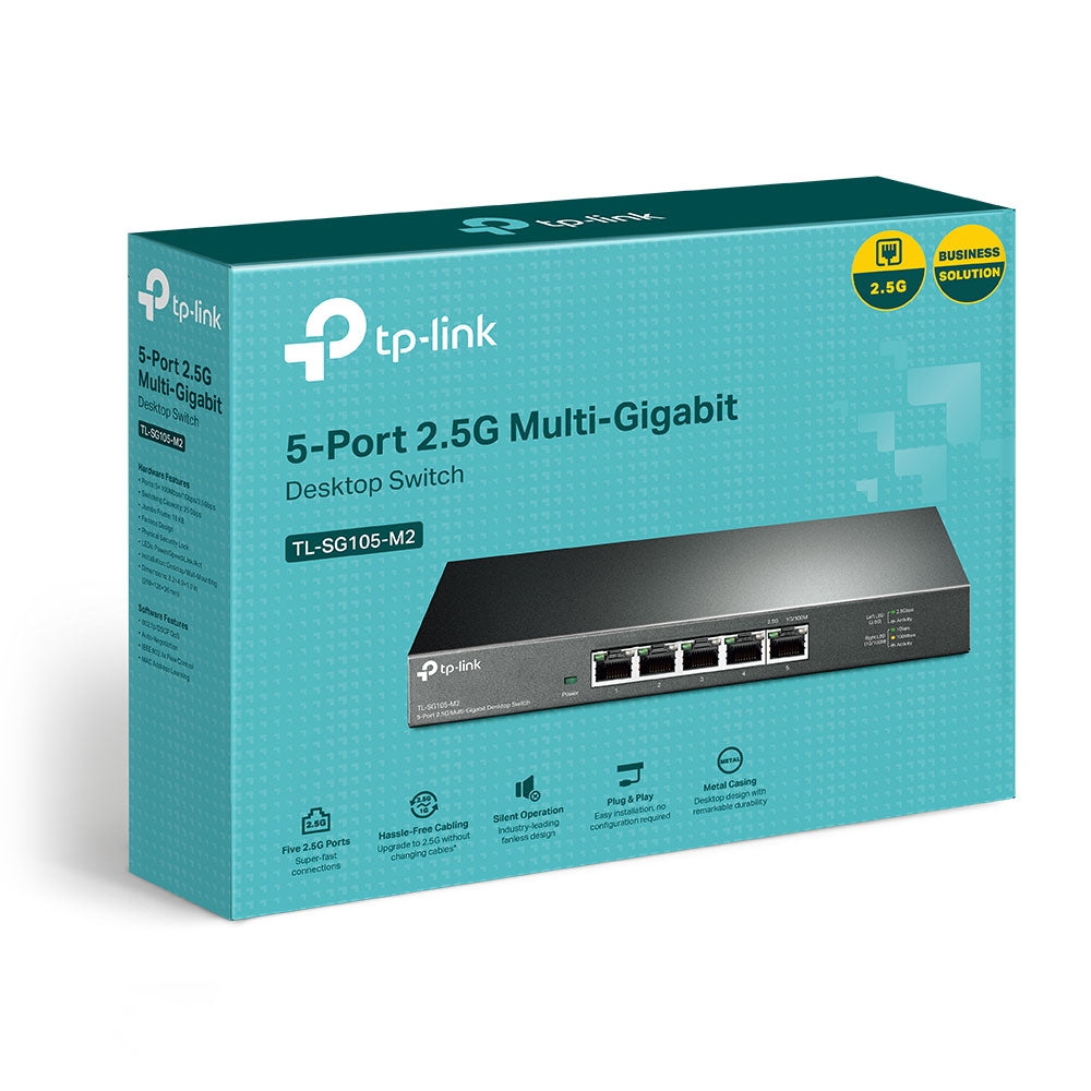 TP-LINK 5× 100Mbps|1Gbps|2.5Gbp | 25 Gbps | 18.6 Mpps | 16 K MAC | 1.5 Mb Buffer | 10 KB Jumbo | 209×126×26 (TL-SG105-M2)