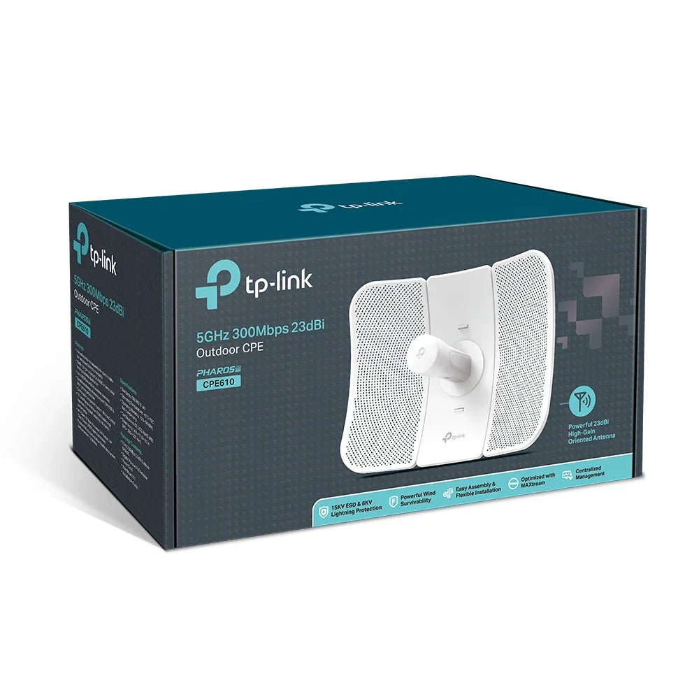 TP-LINK 5.15~5.85GHz | 23dBi | Qualcomm 560MHz CPU | MIPS 74Kc | 64MB DDR2 | 8MB Flash | 10|100Mbps | IEEE 802.11a|n (CPE610)