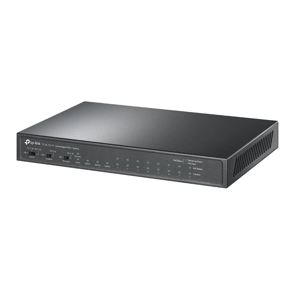 TP-LINK 8x 10|100 Mbps 802.3af|at PoE+ | 2x Gigabit RJ45 | 1x Gigabit SFP | PoE 65 W | 2K MAC | 16 KB Jumbo | 209 x 126 x 26 mm (TL-SL1311P)