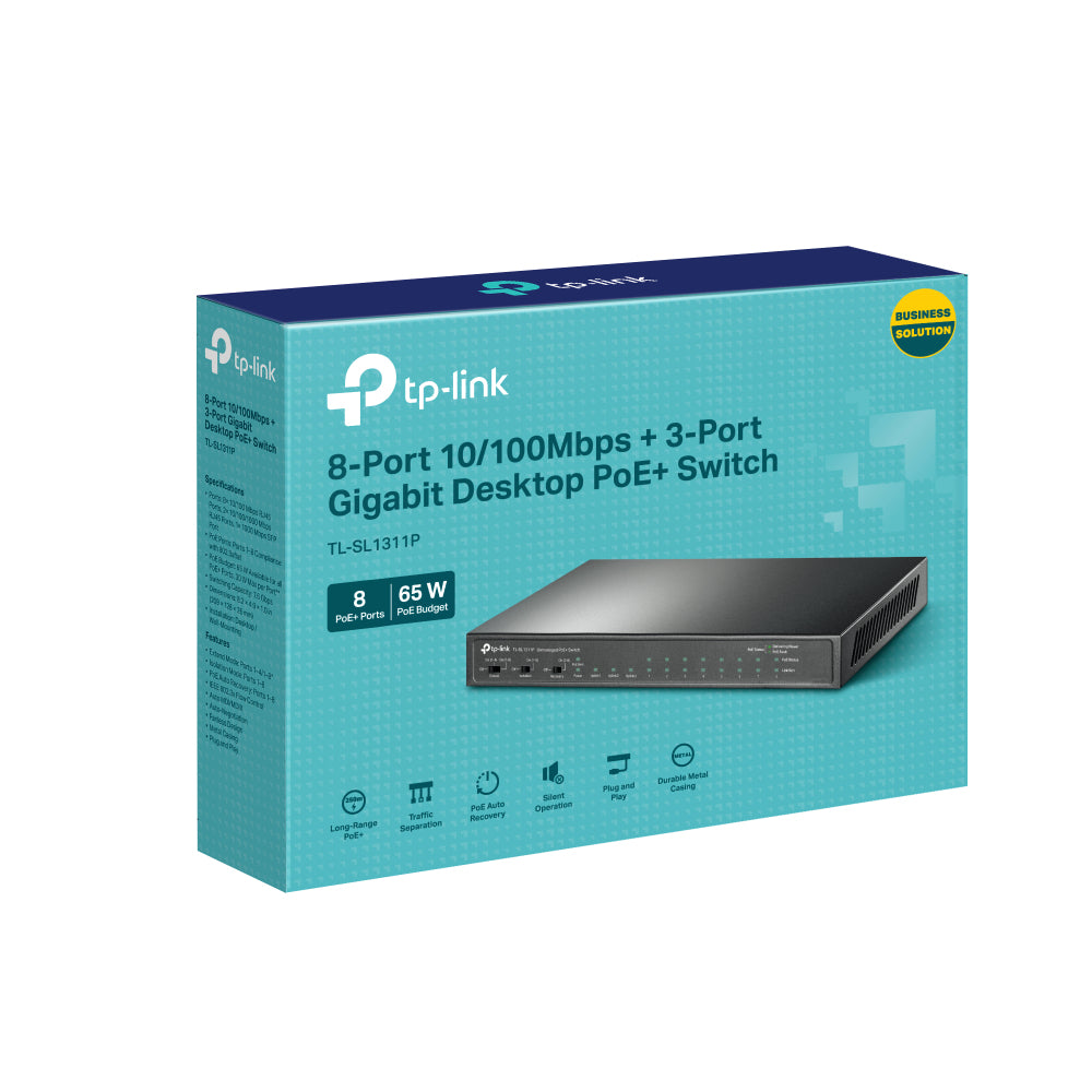 TP-LINK 8x 10|100 Mbps 802.3af|at PoE+ | 2x Gigabit RJ45 | 1x Gigabit SFP | PoE 65 W | 2K MAC | 16 KB Jumbo | 209 x 126 x 26 mm (TL-SL1311P)