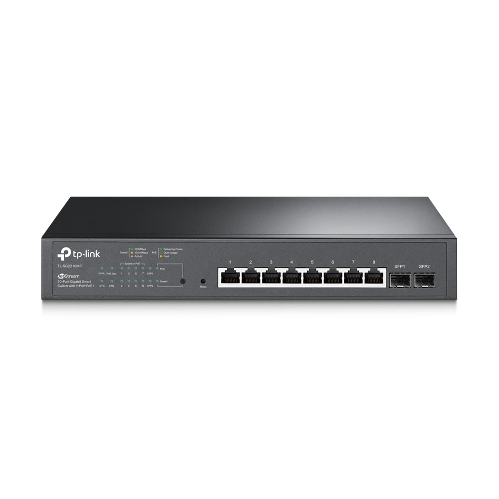 TP-LINK 8x 1G RJ-45 | 2x 1G SFP | 20 Gbps | 14.9 Mpps | PoE | QoS | 294x180x44 mm (TL-SG2210MP)