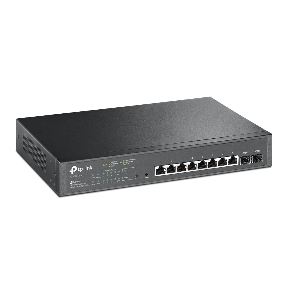 TP-LINK 8x 1G RJ-45 | 2x 1G SFP | 20 Gbps | 14.9 Mpps | PoE | QoS | 294x180x44 mm (TL-SG2210MP)