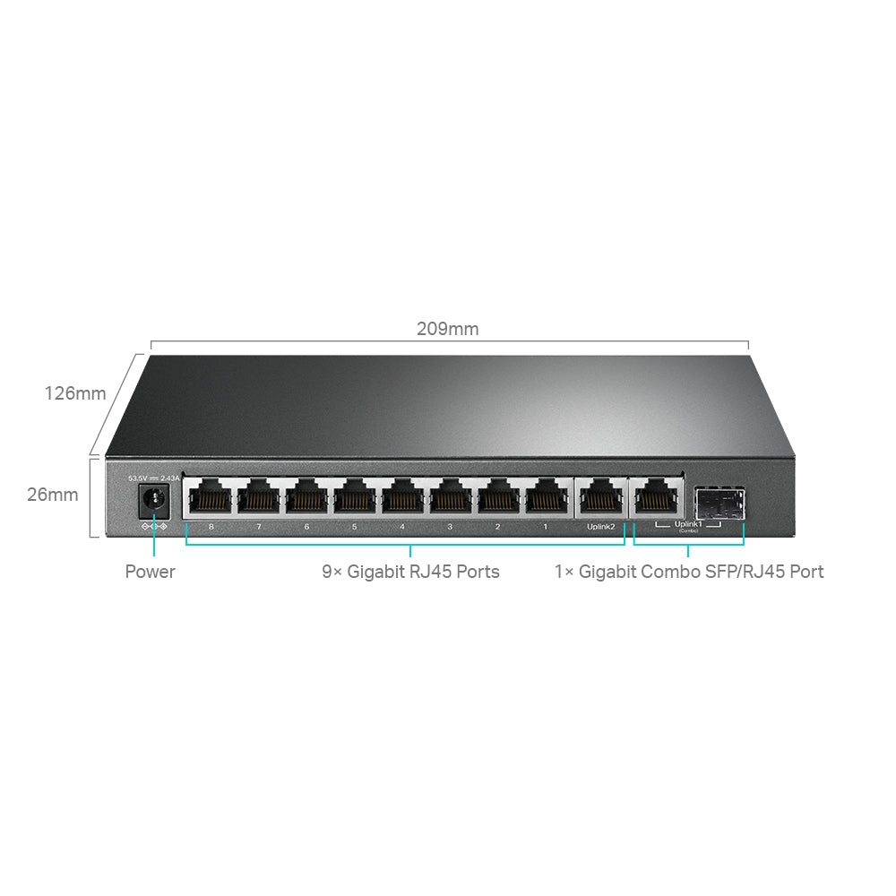 TP-LINK 9× 10|100|1000 Mbps RJ45 | 1× 1000 Mbps Combo SFP|RJ45 | 20 Gbps | 4 K MAC | 209 × 126 × 26 mm (TL-SG1210MPE)
