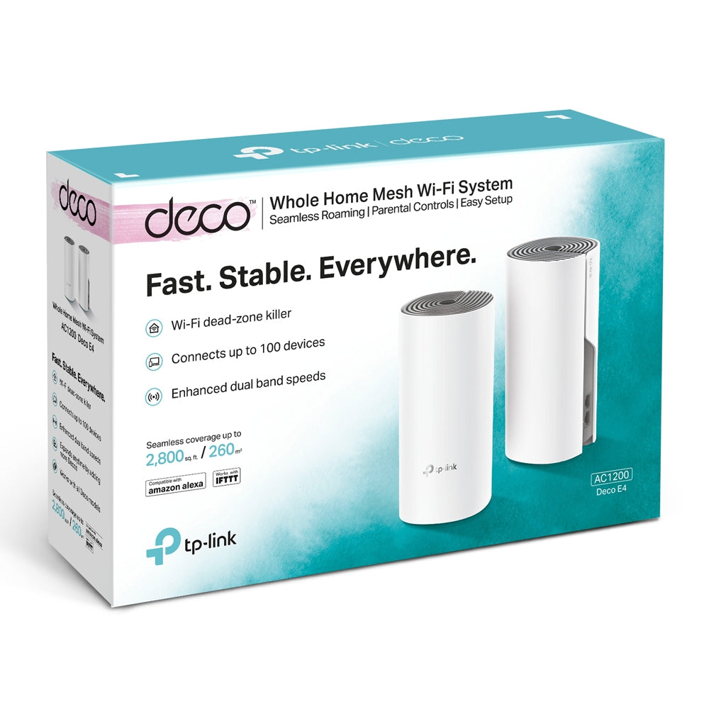 TP-LINK AC1200 | 2.4+5 Ghz | 300+867 Mbps | 2× 10|100 Mbps | 90.7x90.7x190 mm | 2-Pack (DECO E4(2-PACK))