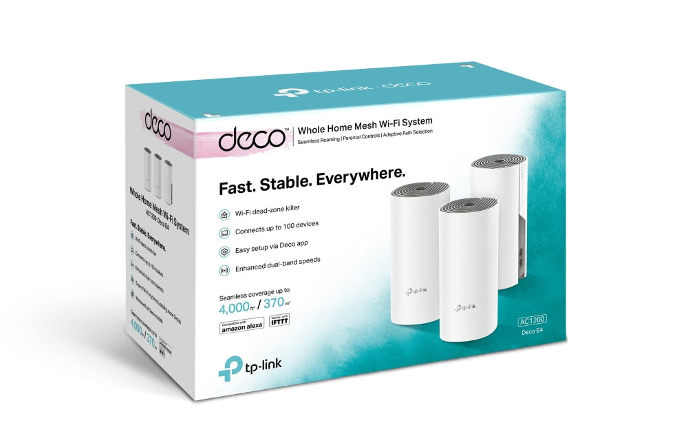 TP-LINK AC1200 | 2.4+5 Ghz | 300+867 Mbps | 2× 10|100 Mbps | 90.7x90.7x190 mm | 3-Pack (DECO E4(3-PACK))