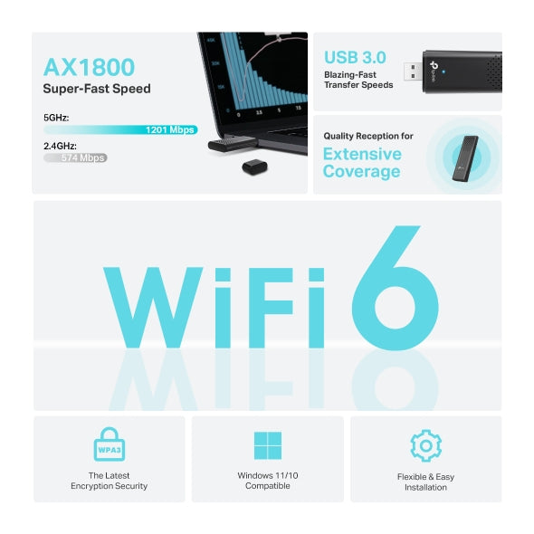 TP-LINK AX1800 Dual Band Wi-Fi 6 Wireless USB Adapter (ARCHER TX20U)