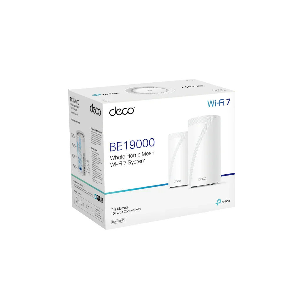 TP-LINK BE19000 | Tri-Band 2.4|5|6GHz | 4x4 MU-MIMO | 1x 10 Gbps | 1x 10 Gbps SFP+|RJ45 Combo | 2x 2.5 Gbps | USB 3.0 | 128x128x236 mm | 3-pack (DECO BE85(3-PACK))