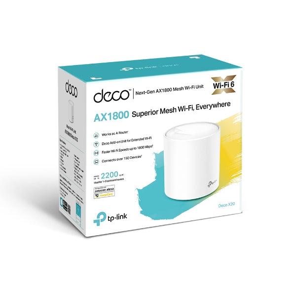 TP-LINK Deco X20 (1-pack)AX1800 Whole Home Mesh Wi-Fi 6 System, Up To 200 sqm Coverage, WIFI6, 1201Mbps @ 5Ghz, 574Mbps @ 2.4 GHz OFDMA, MU-MIMO (WIFI