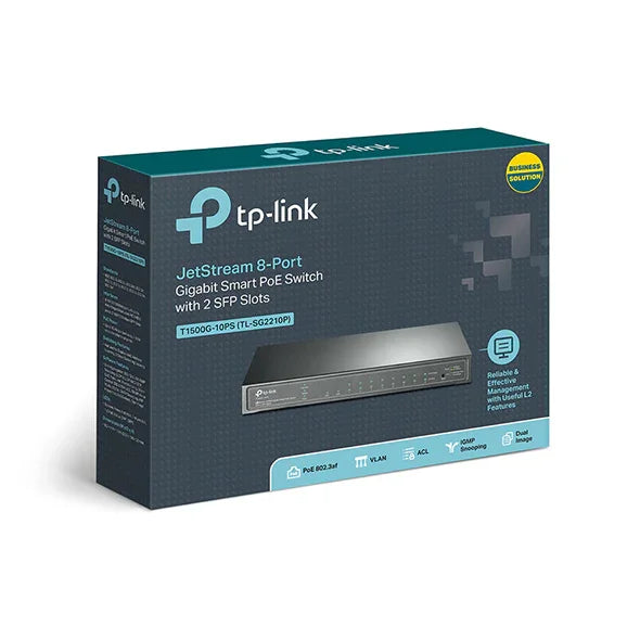 TP-LINK JetStream 8-Port Gigabit Smart PoE Switch with 2 SFP Slots (T1500G-10PS(TL-SG2210P))