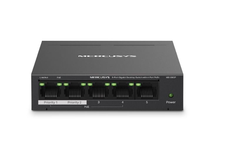 TP-LINK Mercusys MS105GP 5-Port Gigabit Desktop Switch with 4-Port PoE+, 10/100/1000 Mbps RJ45 ports, Up to 250 m