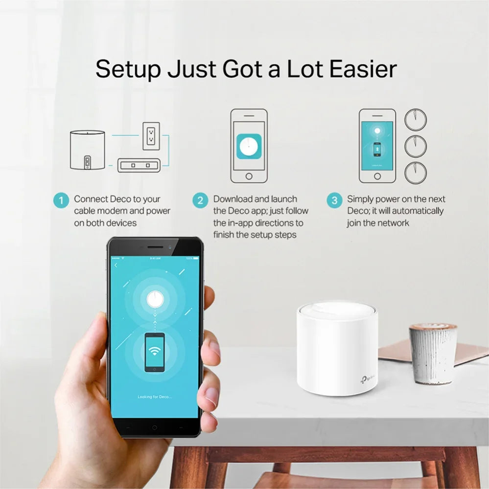 TP-LINK Qualcomm 1 GHz Quad-core | 2 LAN|WAN Gigabit Ethernet | 1201 Mbps (5 GHz) | 574 Mbps (2.4 GHz) | D110 mm × 114 mm | 3-pack (DECO X20(3-PACK))