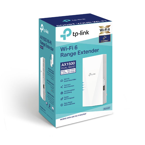 TP-LINK Wi-Fi 6 | 2.4-5 GHz | 300-1200 Mbps | 20-30 dBm | WPS | Reset | Ethernet | 100-240V | 50|60Hz | 78 × 36 × 149 mm (RE500X)