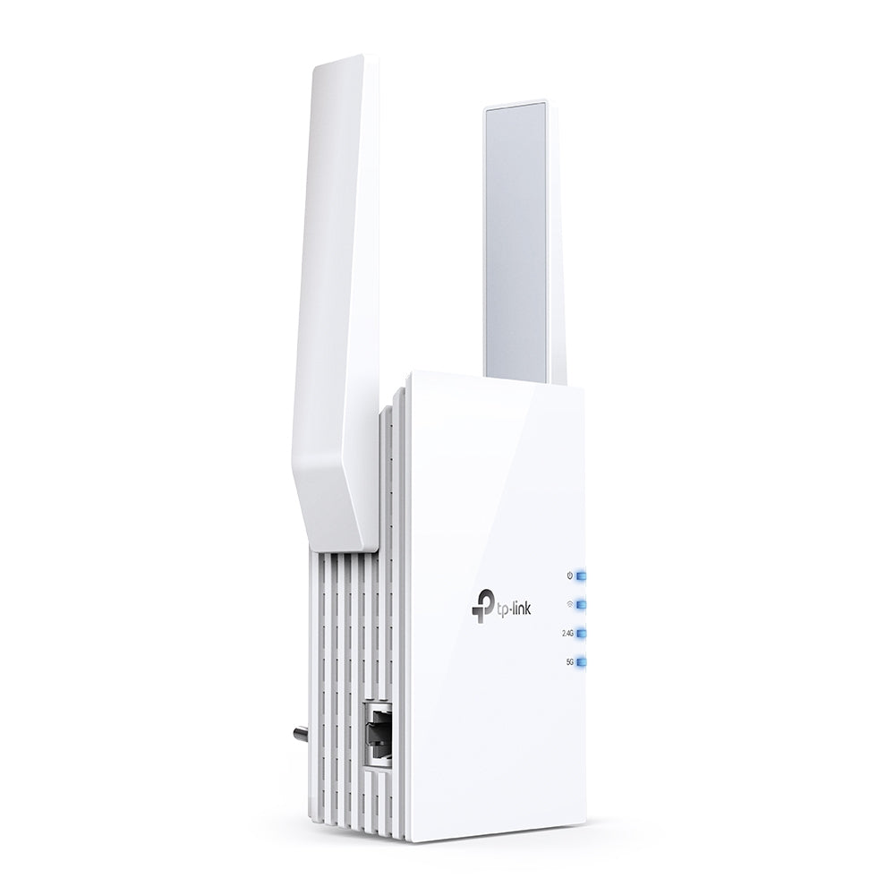 TP-LINK Wi-Fi 6 | 2.4-5 GHz | 574-1201 Mbps | 20-30 dBm | WPS | Reset | Ethernet | 100-240V | 50|60Hz | 74 × 46 × 124.8 mm (RE605X)