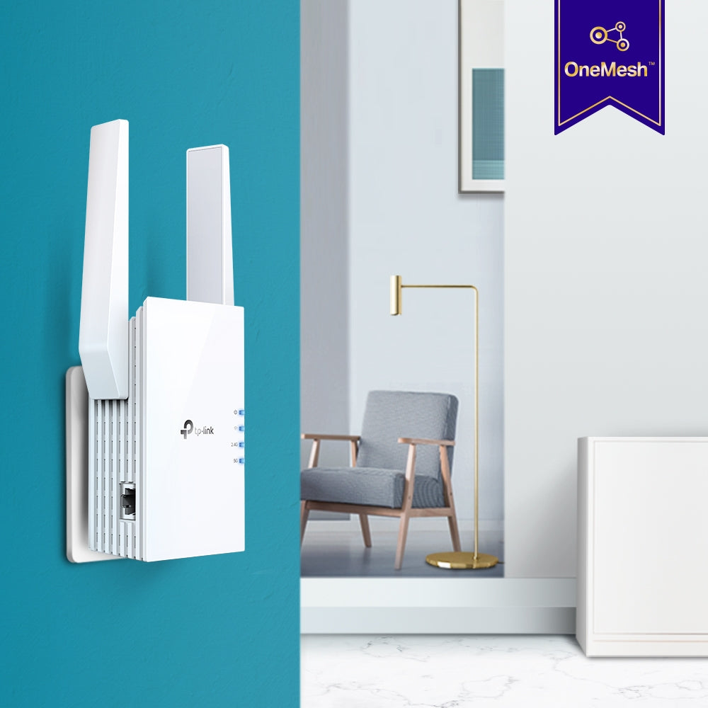 TP-LINK Wi-Fi 6 | 2.4-5 GHz | 574-1201 Mbps | 20-30 dBm | WPS | Reset | Ethernet | 100-240V | 50|60Hz | 74 × 46 × 124.8 mm (RE605X)