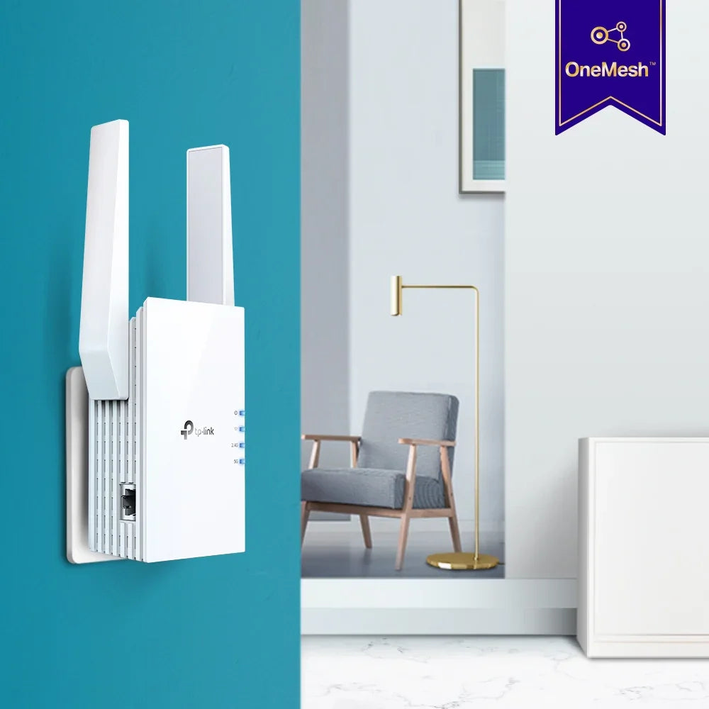 TP-LINK Wi-Fi 6 | 2.4-5 GHz | 574-1201 Mbps | 20-30 dBm | WPS | Reset | Ethernet | 100-240V | 50|60Hz | 74 × 46 × 124.8 mm (RE605X)