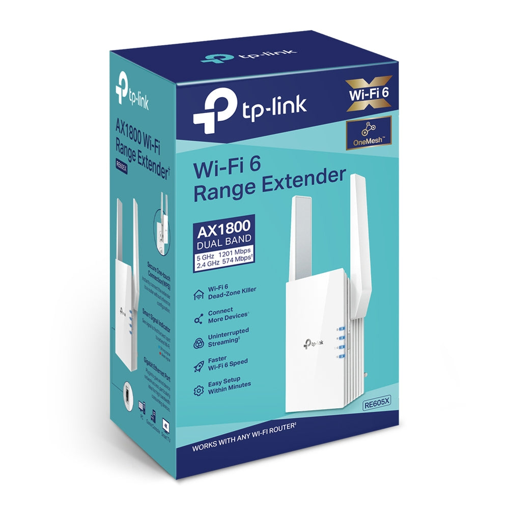 TP-LINK Wi-Fi 6 | 2.4-5 GHz | 574-1201 Mbps | 20-30 dBm | WPS | Reset | Ethernet | 100-240V | 50|60Hz | 74 × 46 × 124.8 mm (RE605X)