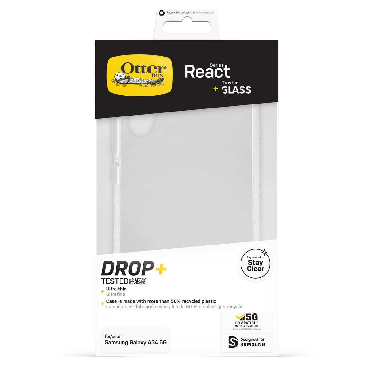 OtterBox Drop Protection Bundle for Galaxy A34 5G; React Clear Case Tested to Military Standard and Trusted Glass Screen Protector 2x Antiscratch Technology OTTERBOX