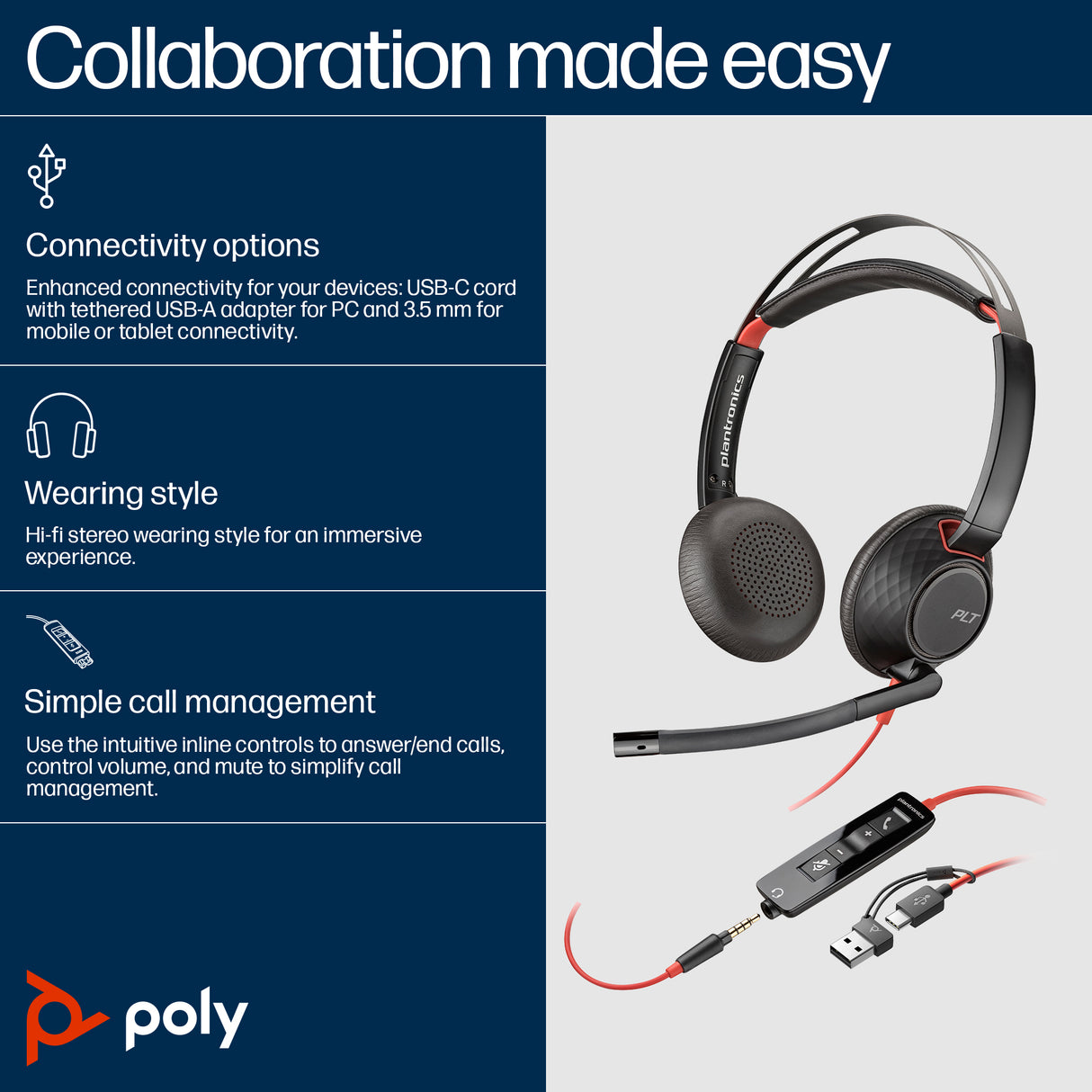 HP POLY BLACKWIRE 5220 – Wired (USB-C & 3.5mm) / Stereo / Office – Head-band Headset