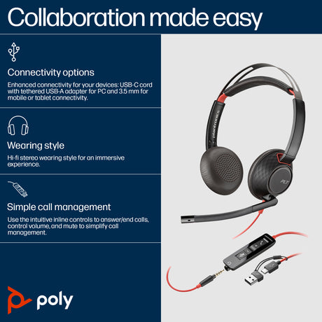 HP POLY BLACKWIRE 5220 – Wired (USB-C & 3.5mm) / Stereo / Office – Head-band Headset
