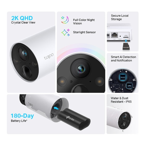 TP-LINK 2K QHD (2560 × 1440 px) | 1|3“ | 113° | 850 nm IR LED | IEEE 802.11b|g|n | 2.4 GHz | 110.6 x 64.2 x 64.2mm | 2-Camera System (TAPO C420S2)