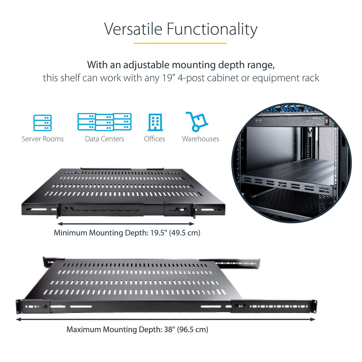 STARTECH 1U 4-Post Adjustable Vented Server Rack Mount Shelf - 330lbs(150 kg) - 19.5 to 38in Adjustable Mounting Depth Universal Tray 19" AV| Network Equipment Rack - 27.5in Deep (ADJSHELFHDV) (ADJSHELFHDV)