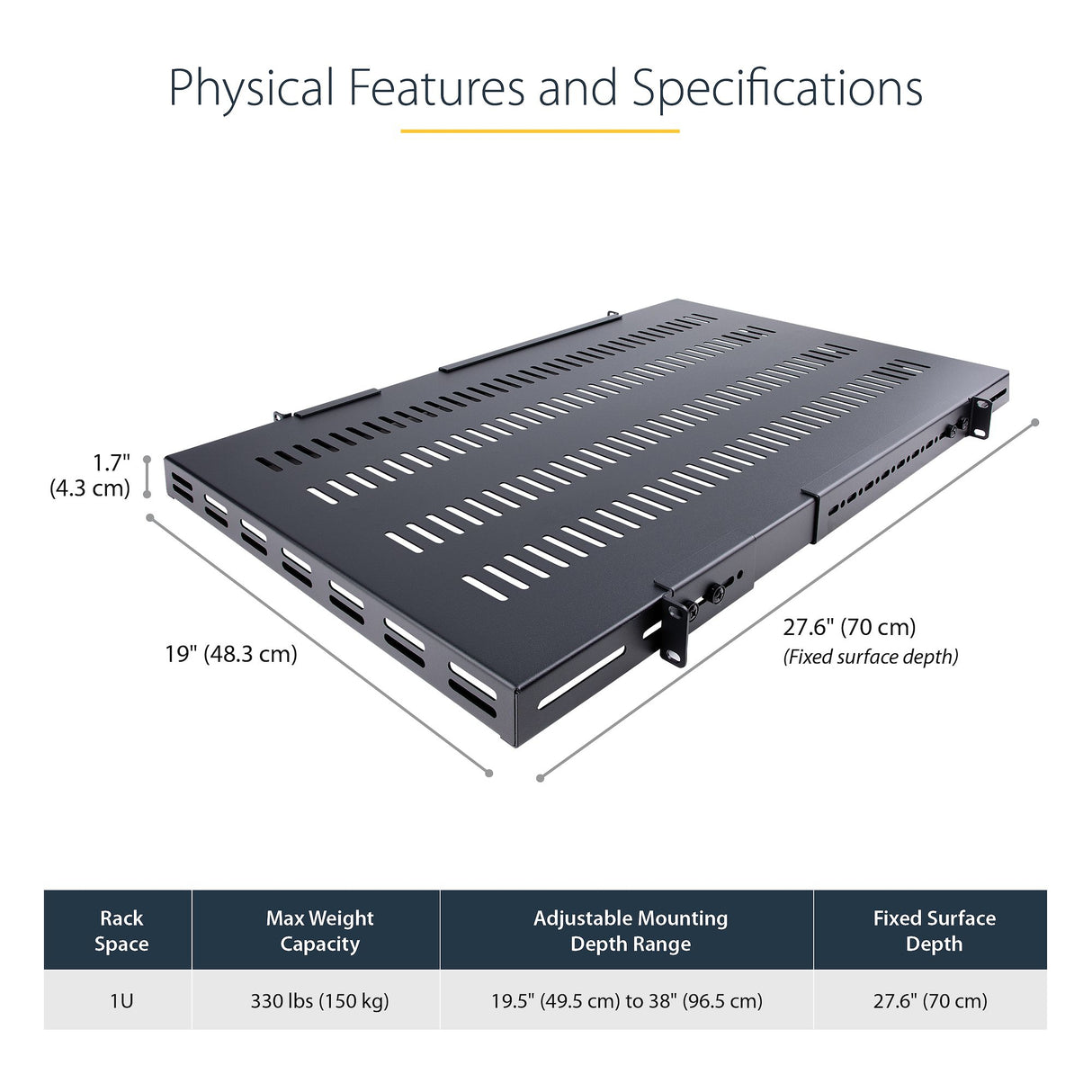 STARTECH 1U 4-Post Adjustable Vented Server Rack Mount Shelf - 330lbs(150 kg) - 19.5 to 38in Adjustable Mounting Depth Universal Tray 19" AV| Network Equipment Rack - 27.5in Deep (ADJSHELFHDV) (ADJSHELFHDV)