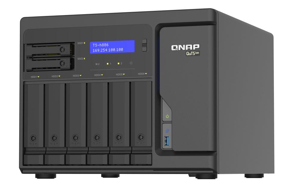 QNAP Intel Xeon D-1602 | 8 GB UDIMM DDR4 ECC | 5GB Flash | 6 x 3.5" SATA | 2 x 2.5" SATA | 2 x M.2 | RJ-45 | USB 3.2 Gen 1 | 8.5 kg (TS-H886-D1602-8G)