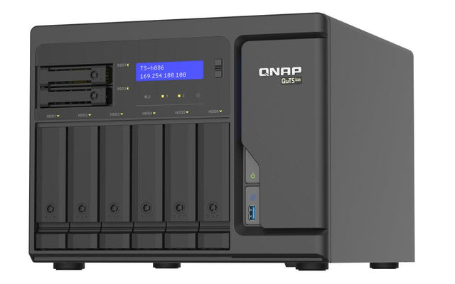 QNAP Intel Xeon D-1602 | 8 GB UDIMM DDR4 ECC | 5GB Flash | 6 x 3.5" SATA | 2 x 2.5" SATA | 2 x M.2 | RJ-45 | USB 3.2 Gen 1 | 8.5 kg (TS-H886-D1602-8G)