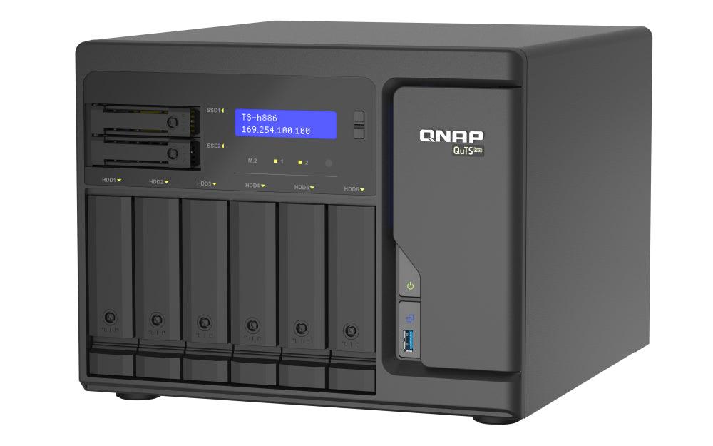 QNAP Intel Xeon D-1602 | 8 GB UDIMM DDR4 ECC | 5GB Flash | 6 x 3.5" SATA | 2 x 2.5" SATA | 2 x M.2 | RJ-45 | USB 3.2 Gen 1 | 8.5 kg (TS-H886-D1602-8G)