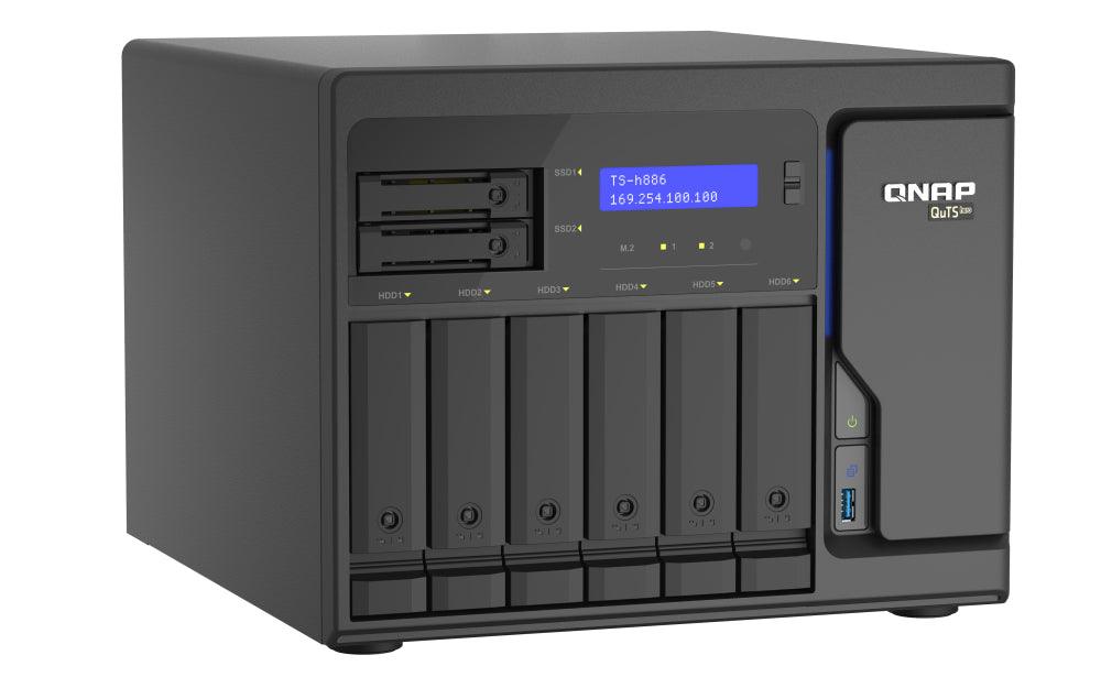 QNAP Intel Xeon D-1602 | 8 GB UDIMM DDR4 ECC | 5GB Flash | 6 x 3.5" SATA | 2 x 2.5" SATA | 2 x M.2 | RJ-45 | USB 3.2 Gen 1 | 8.5 kg (TS-H886-D1602-8G)